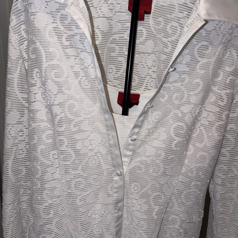 JS Collections Vintage 90s Sheer White Lace Blouse Button Down Satin Cuffs Y2K - Picture 2 of 6
